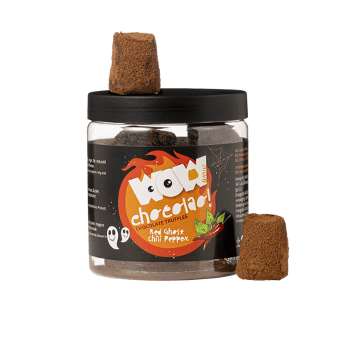 Red Ghost Chili Peppers Truffles Gift Jar 130g | Spicy Halloween Chocolate - WOW Chocolao!